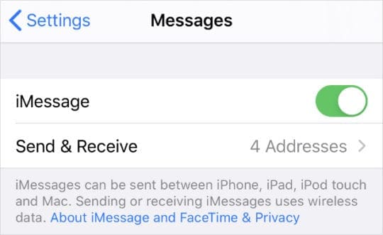 iMessage Send & Receive option from iPhone settings