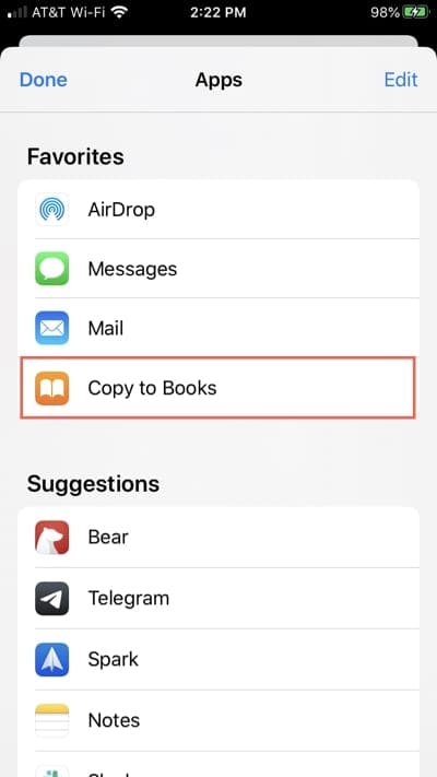 Add Copy to Books to Share Sheet iPhone