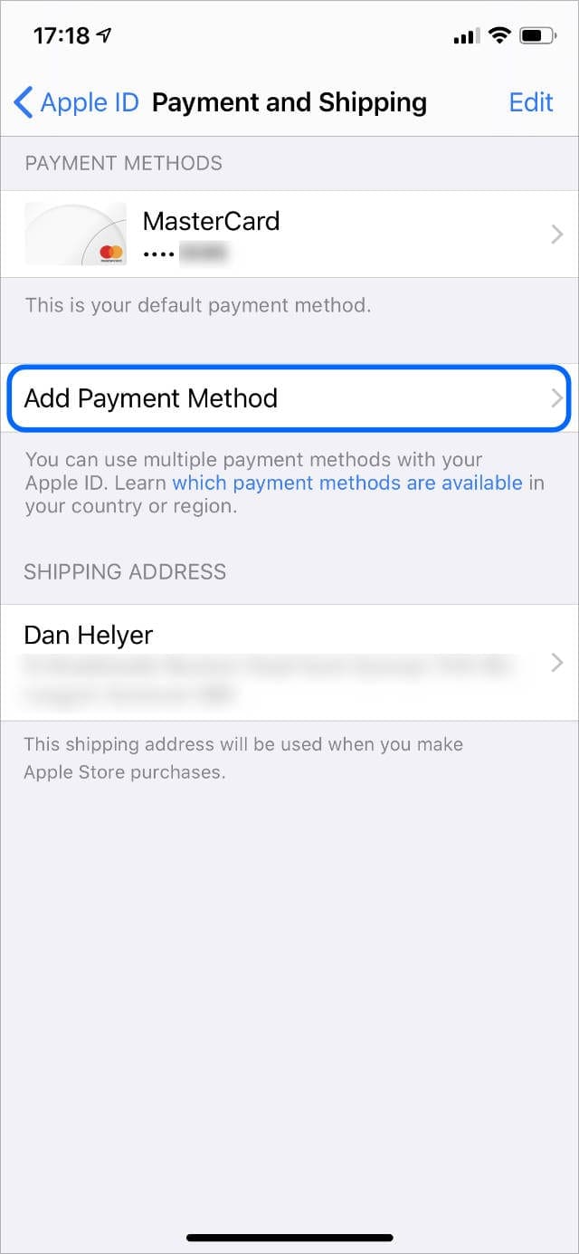 Apple ID Add New Payment and Shipping information on iPhone