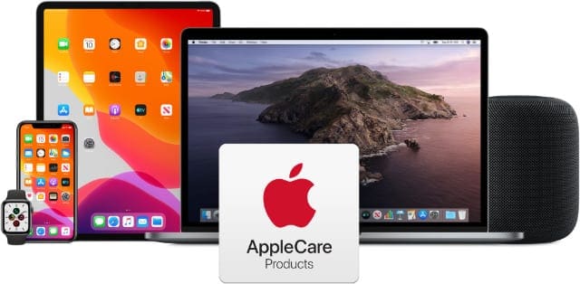 Логотип AppleCare с рядом продуктов Apple