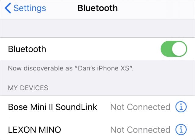 Bluetooth devices in iPhone settings