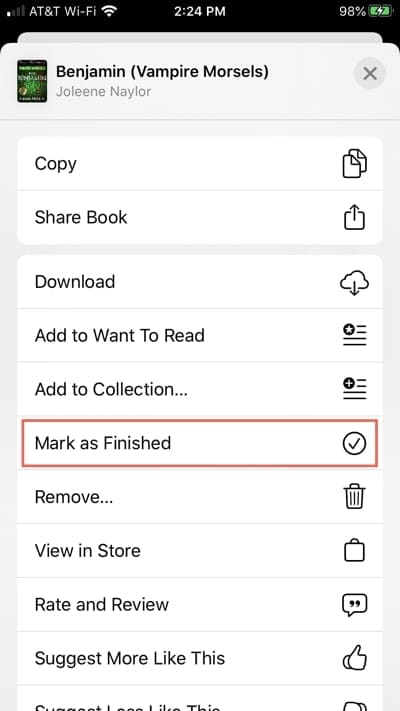 Mark as Finished in Apple Books app iPhone