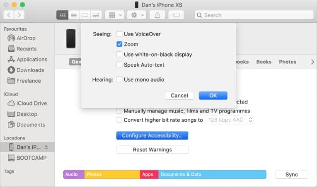 Configure Accessibility settings from Finder for iPhone