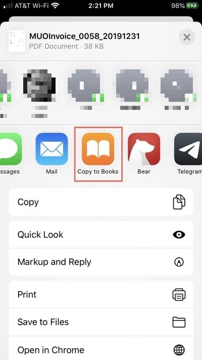 Copy to Books in Share Sheet iPhone