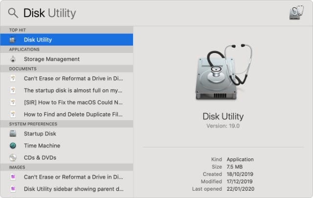Disk Utility application in Spotlight search