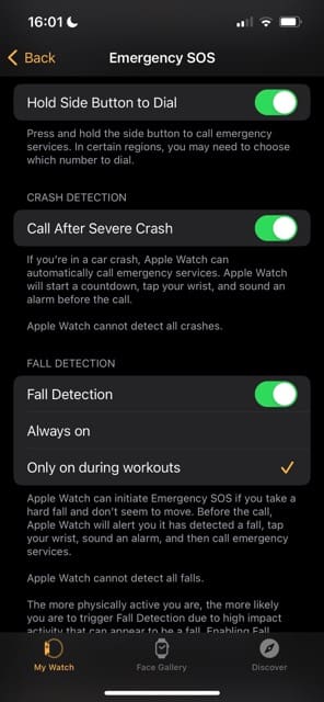 Emergency Settings in the Apple Watch App on iPhone