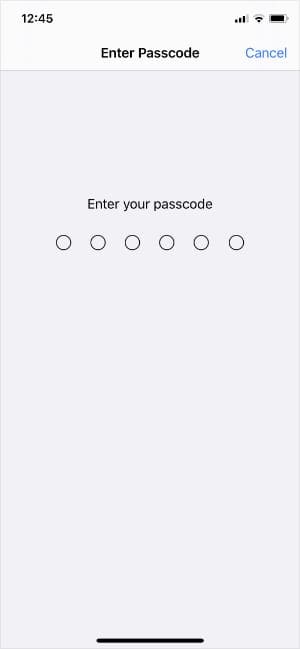 Enter passcode screen from iPhone Settings