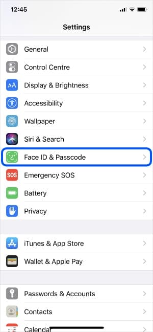 Face ID & Passcode option in iPhone Settings