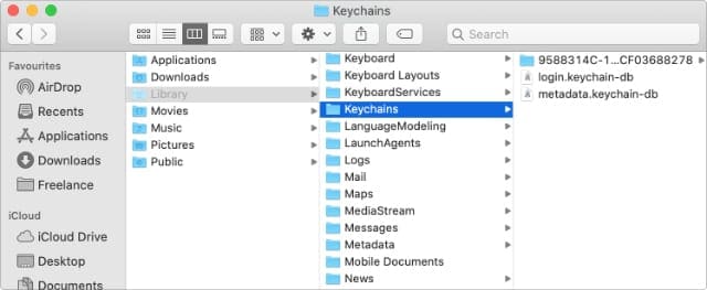 Finder window showing Keychains folder in Library