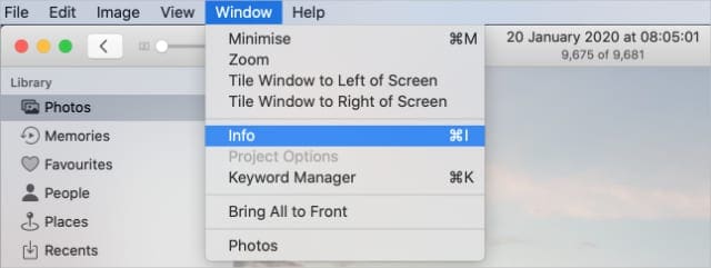 Info window option from Photos app with date and time shown