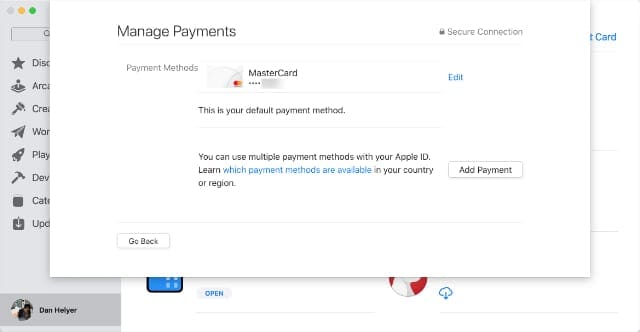 Mac App Store payment methods page
