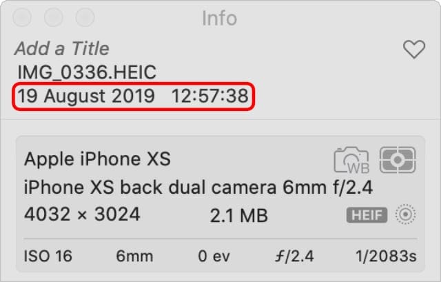Metadata for photo highlighting date and time