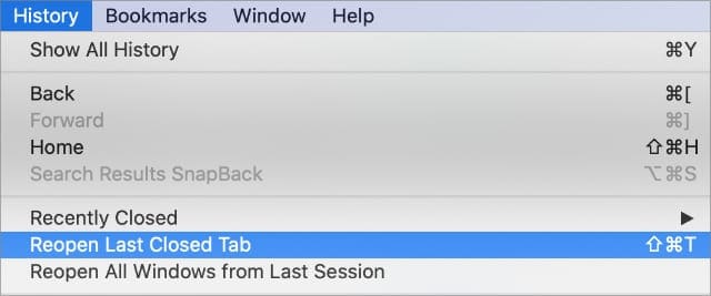 Reopen Last Closed Tab option in Safari on Mac