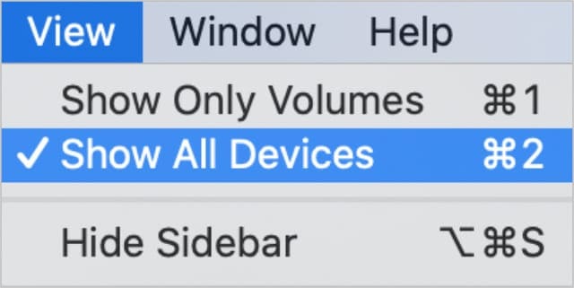 Show All Devices option from Disk Utility menu bar