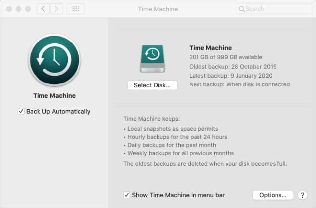 Time Machine System Preferences window