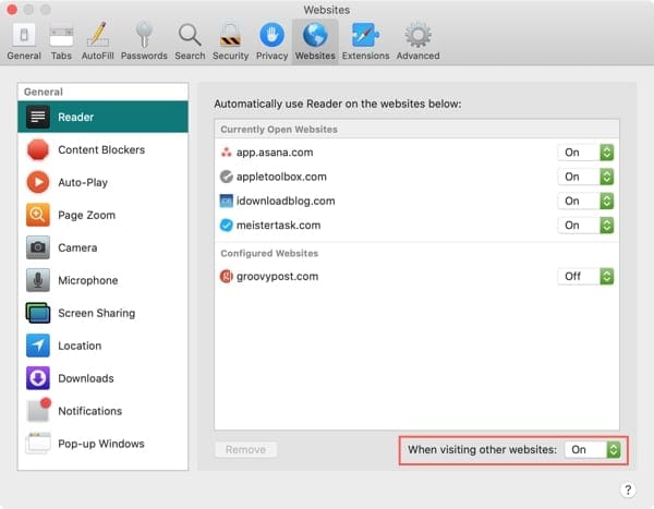 Enable Reader for all sites Mac