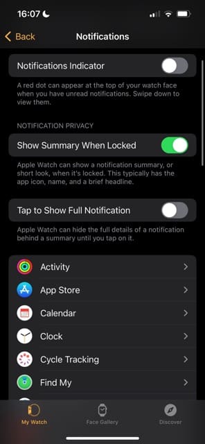 Notification Settings in the Watch App for iOS