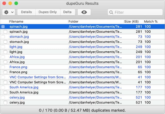 dupeGuru results with various duplicate Mac files