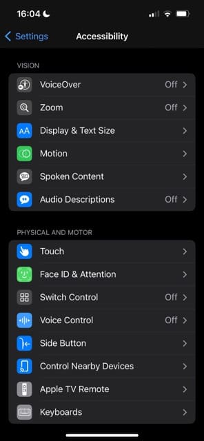 The Accessibility Settings on an iPhone's Watch App