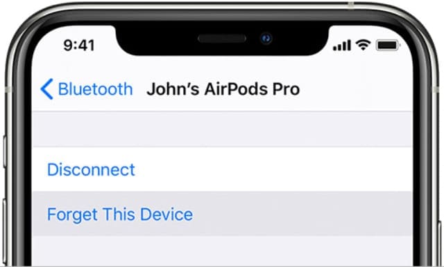 iPhone Bluetooth settings with option to Forget This Device for AirPods Pro