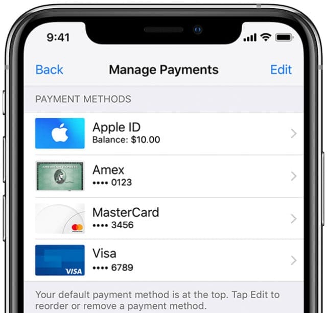 iPhone X showing Apple ID payment methods