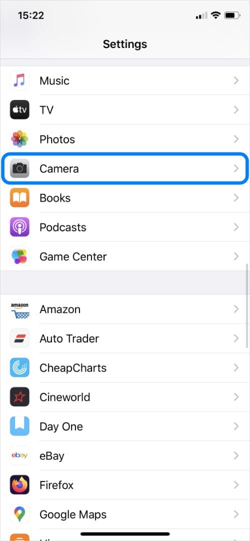 Camera option in iPhone settings app