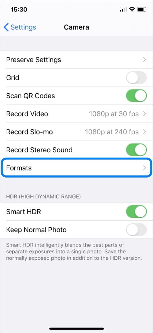 Formats option in Camera settings on iPhone