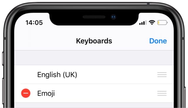 Keyboard settings on iPhone with option to remove Emoji