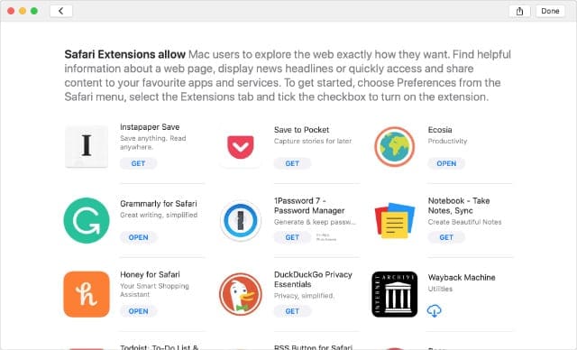 Mac App Store showing list of Safari extensions