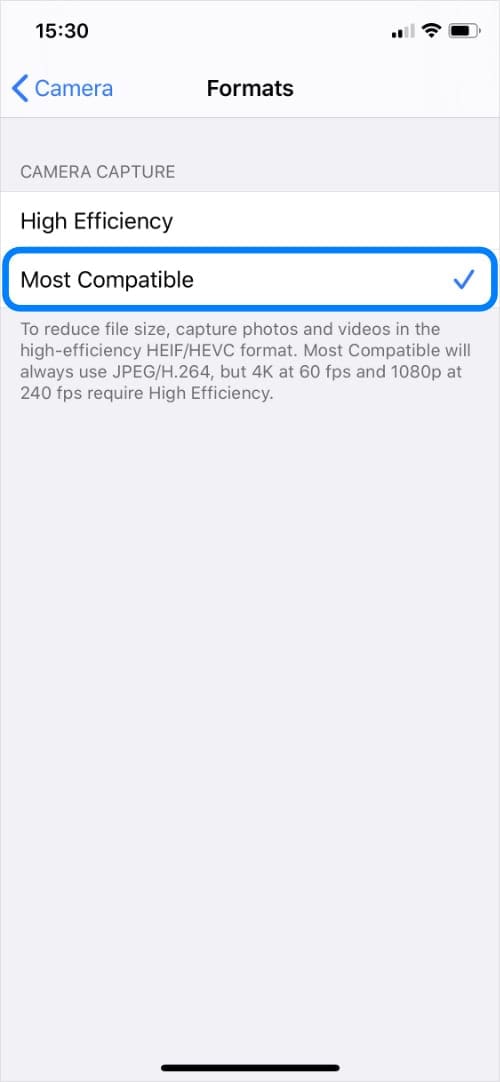 Most Compatible option in iPhone camera settings