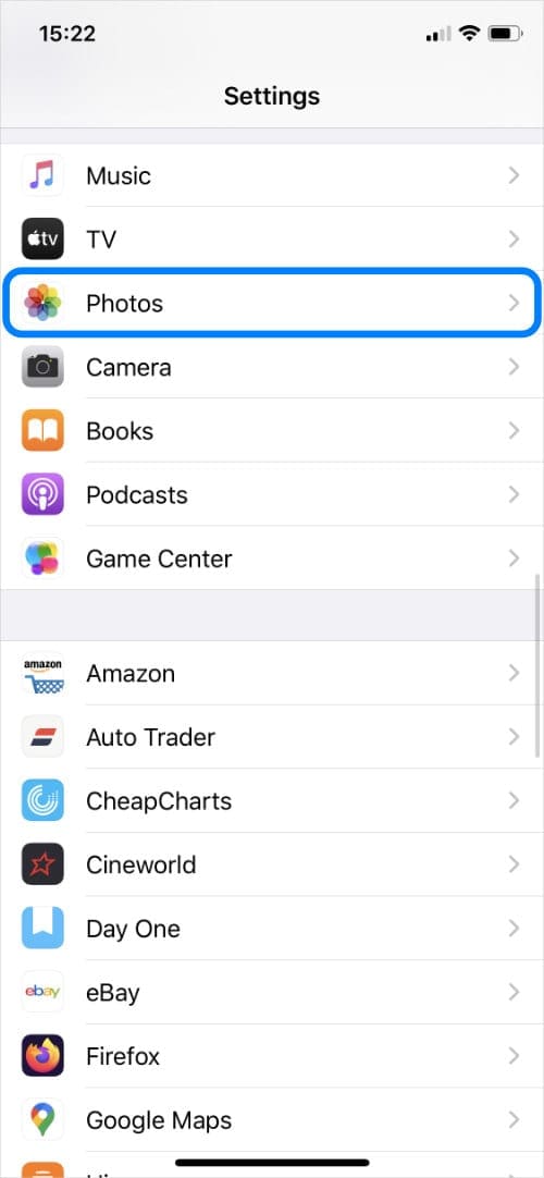 Photos option from Settings app on iPhone