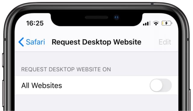 Request Desktop Website option in Safari settings on iPhone