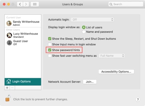 how to see the password hint on a mac