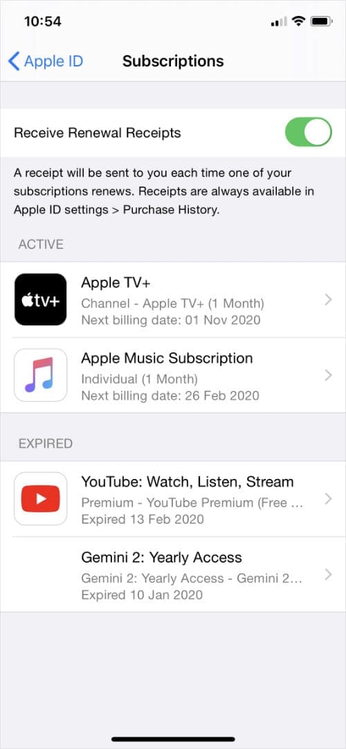 iPhone subscriptions settings