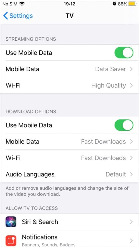 Apple TV app iOS 13.4 settings