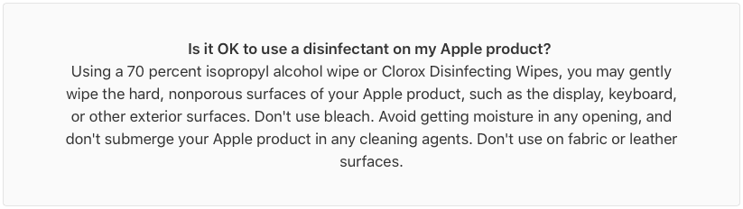 Apple warning for using disinfectants with Apple products