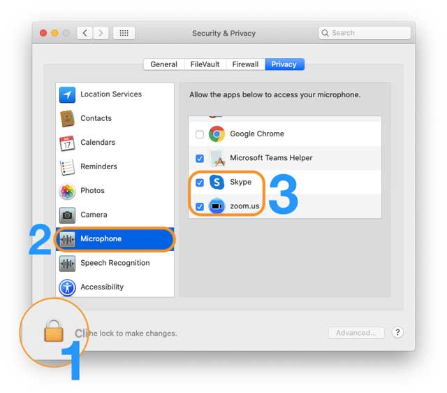 Security and Privacy settings on Mac for Microphone