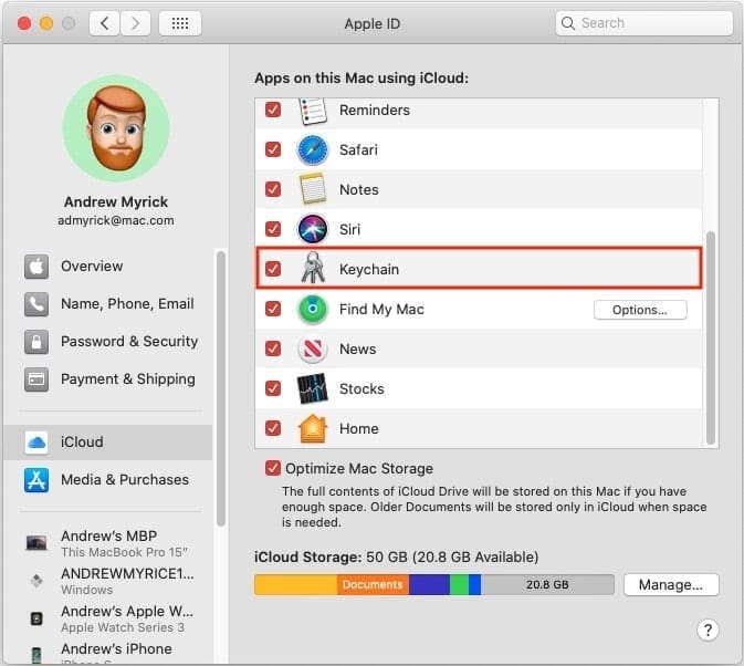 Toggle Keychain in Apple ID preferences