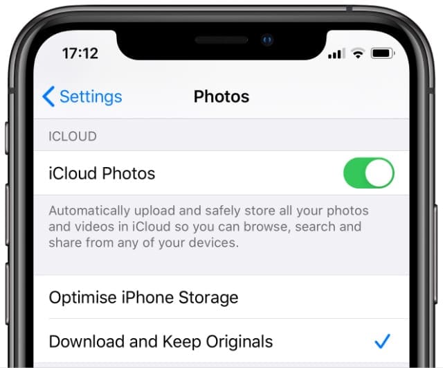 iCloud Photos settings on iPhone