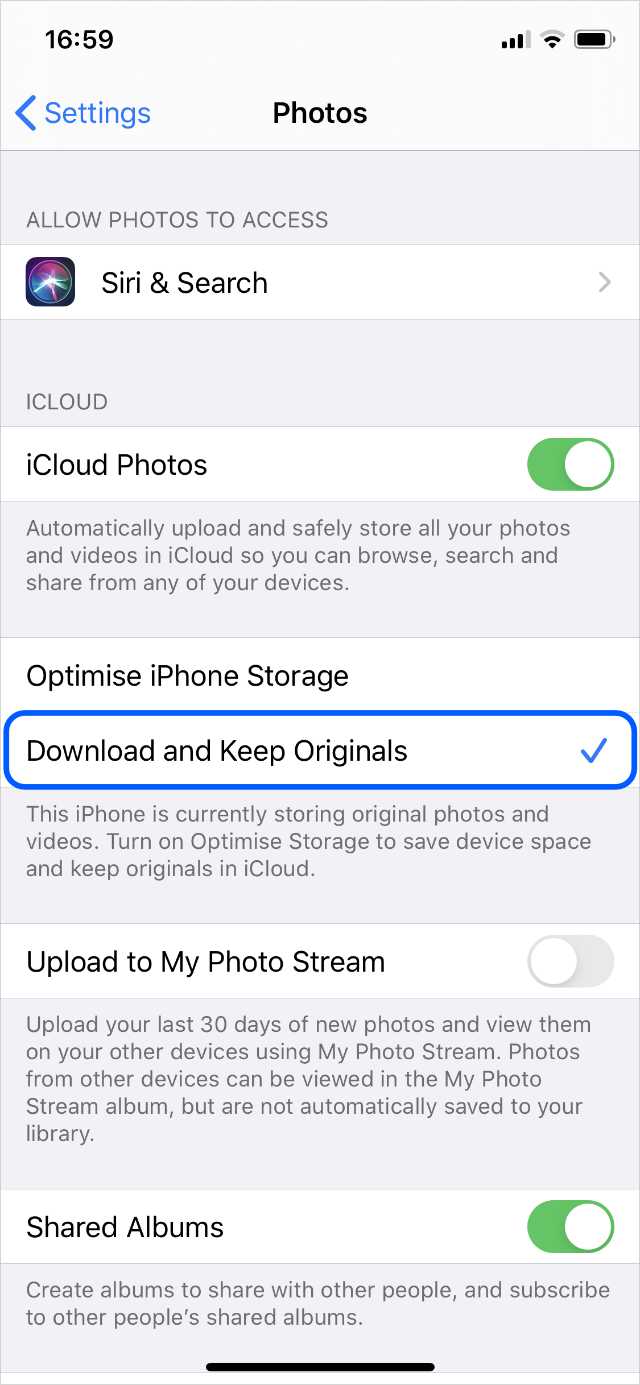 iPhone Photos settings with Download button highlighted
