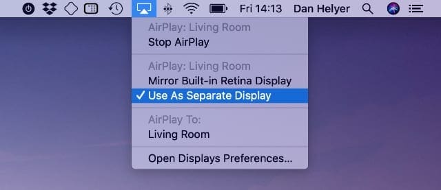 AirPlay menu bar settings from MacBook screen