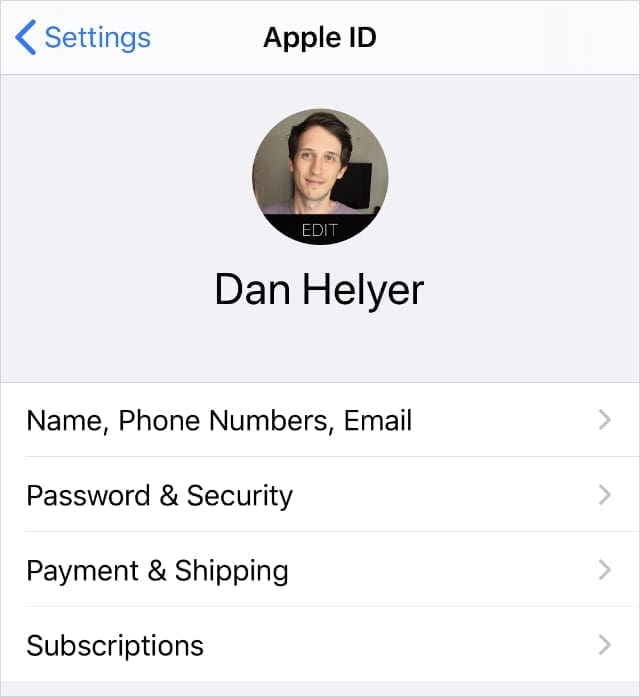 Apple ID settings on iPhone