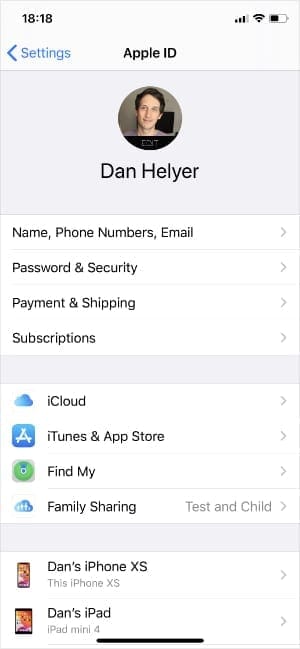 Apple ID settings on iPhone