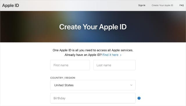 Create Your Apple ID page from Apple ID website