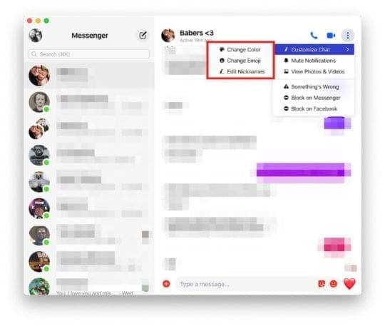Customization Options Facebook Messenger on MacBook