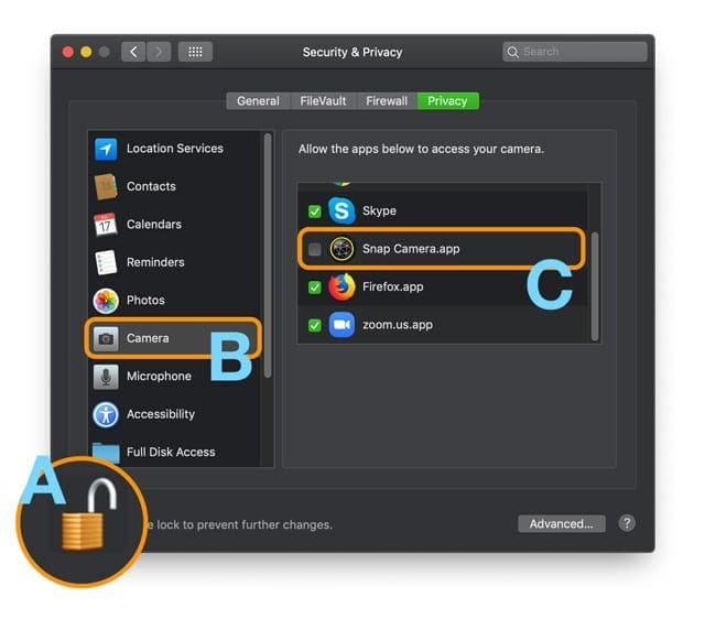 turn off snap camera in mac's privacy settings for camera 