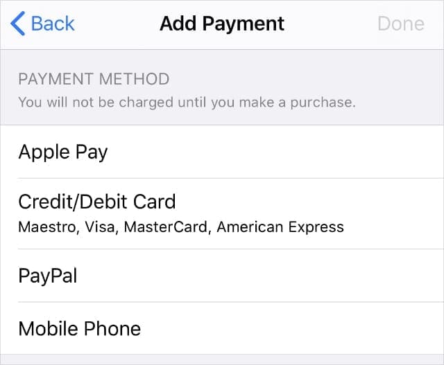 Payment method options in Apple ID settings