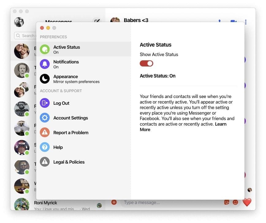 Set Active Status Facebook Messenger on MacBook