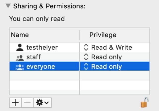 Sharing & Permissions drop-down from file information