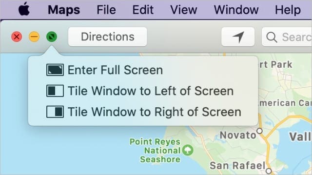 Параметры разделения экрана с помощью зеленой кнопки в окнах Mac